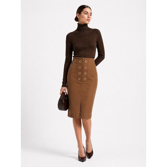 Prada Dresses & Skirts - Prada Brown Midi Skirt Gold Grommet Zip Italy Size 46 Minimalist Luxury Classic